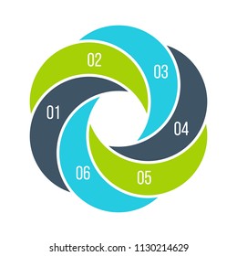 Twisted diagram divided into 6 parts, steps or options. Vector flat infographic design template. Illustration for project steps visualization. Business presentation.