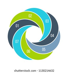 Twisted diagram divided into 7 parts, steps or options. Vector flat infographic design template. Illustration for project steps visualization. Business presentation.