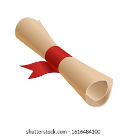 A twisted diploma tied with a red ribbon. Certificate or invitation on a white background.