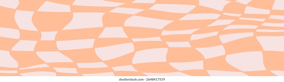 Twisted distorted checkered pattern, peach color retro 70s groovy banner background, vector illustration. Geometric wavy backdrop. Hippie style abstract website page template
