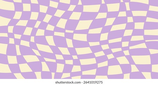 Twisted distorted checkered pattern, retro 70s groovy banner background, vector illustration. Geometric wavy backdrop. Hippie style abstract website page template