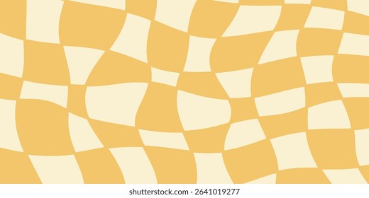 Twisted distorted checkered pattern, retro 70s groovy banner background, vector illustration. Geometric wavy backdrop. Hippie style abstract website page template