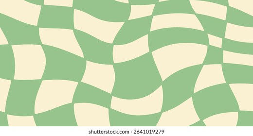 Twisted distorted checkered pattern, retro 70s groovy banner background, vector illustration. Geometric wavy backdrop. Hippie style abstract website page template