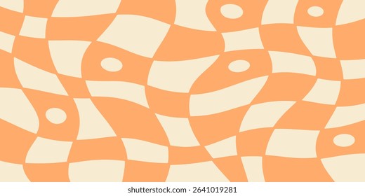 Twisted distorted checkered pattern, retro 70s groovy banner background, vector illustration. Geometric wavy backdrop. Hippie style abstract website page template