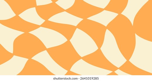 Twisted distorted checkered pattern, retro 70s groovy banner background, vector illustration. Geometric wavy backdrop. Hippie style abstract website page template