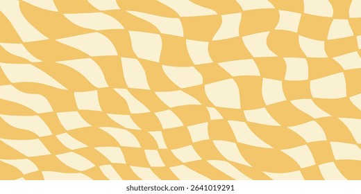 Twisted distorted checkered pattern, retro 70s groovy banner background, vector illustration. Geometric wavy backdrop. Hippie style abstract website page template