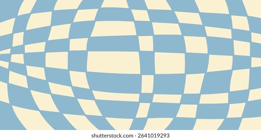 Twisted distorted checkered pattern, retro 70s groovy banner background, vector illustration. Geometric wavy backdrop. Hippie style abstract website page template