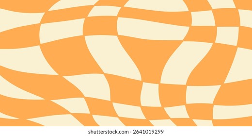 Twisted distorted checkered pattern, retro 70s groovy banner background, vector illustration. Geometric wavy backdrop. Hippie style abstract website page template