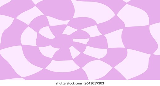 Twisted distorted checkered pattern, retro 70s groovy banner background, vector illustration. Geometric wavy backdrop. Hippie style abstract website page template