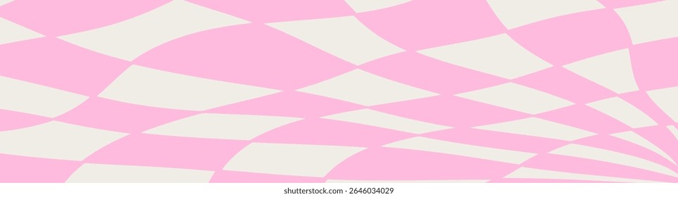 Twisted distorted checkered pink pattern, retro 70s groovy banner background, vector illustration. Geometric wavy backdrop. Hippie style abstract website page template