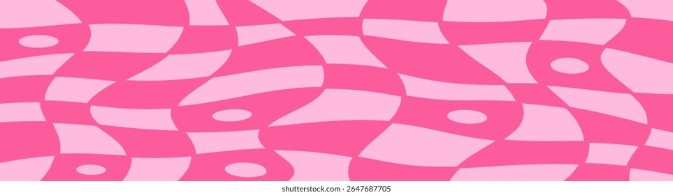 Twisted distorted checkered pink pattern, retro 70s groovy banner background, vector illustration. Geometric wavy backdrop. Hippie style abstract website page template