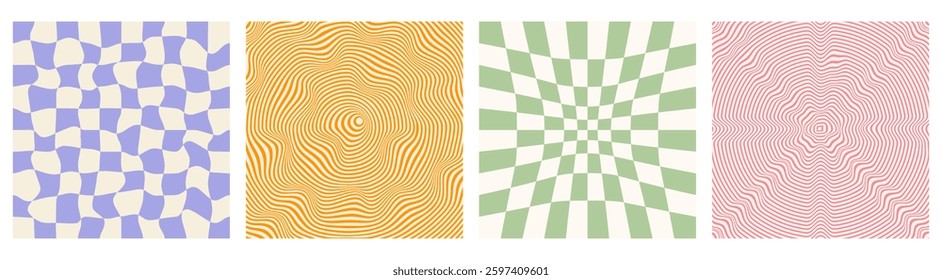 Twisted and distorted checkered and wavy backgrounds. Abstract vector patterns in trendy retro psychedelic style. Retro groovy templates collection. Optical illusion. Wavy swirly pattern. Vector