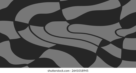 Twisted distorted retro 70s groovy wavy banner background, vector illustration. Geometric waves backdrop. Hippie style abstract website page template