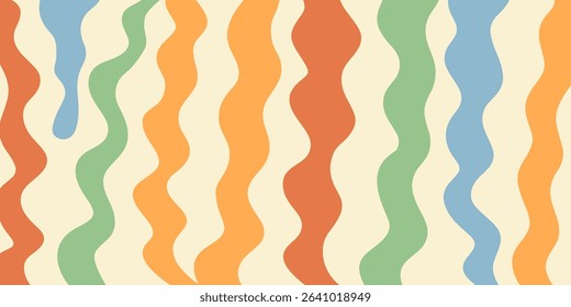 Twisted distorted retro 70s groovy wavy banner background, vector illustration. Geometric waves backdrop. Hippie style abstract website page template