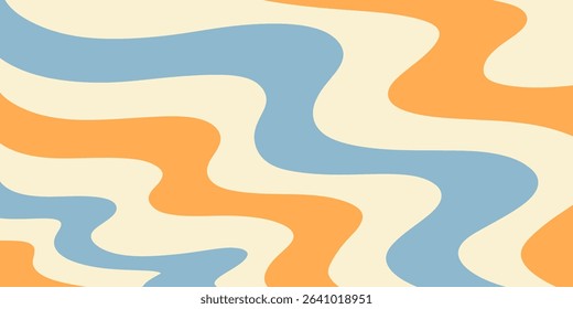 Twisted distorted retro 70s groovy wavy banner background, vector illustration. Geometric waves backdrop. Hippie style abstract website page template