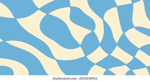 Twisted distorted retro 70s groovy wavy banner background, vector illustration. Geometric waves backdrop. Hippie style abstract website page template