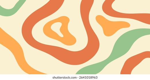 Twisted distorted retro 70s groovy wavy banner background, vector illustration. Geometric waves backdrop. Hippie style abstract website page template