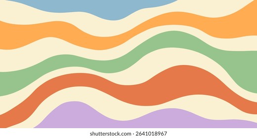 Twisted distorted retro 70s groovy wavy banner background, vector illustration. Geometric waves backdrop. Hippie style abstract website page template
