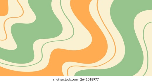 Twisted distorted retro 70s groovy wavy banner background, vector illustration. Geometric waves backdrop. Hippie style abstract website page template