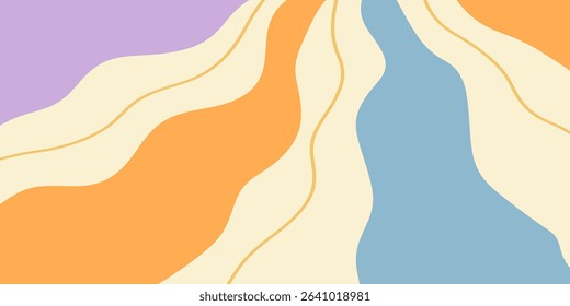 Twisted distorted retro 70s groovy wavy banner background, vector illustration. Geometric waves backdrop. Hippie style abstract website page template
