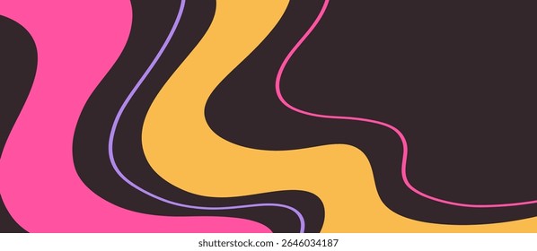 Twisted distorted retro 70s groovy colorful banner background, vector illustration. Geometric wavy backdrop. Hippie style abstract website page template