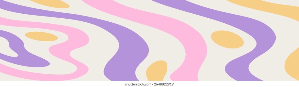 Twisted distorted retro 70s groovy banner background, vector illustration. Geometric wavy backdrop. Hippie style abstract website page template