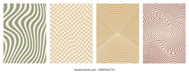 Twisted and distorted vector groovy hippie background. Waves, swirl, twirl pattern. Set of backgrounds in trendy retro psychedelic style. Vector illustration