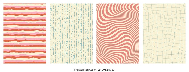 Twisted and distorted vector groovy hippie background. Waves, swirl, twirl pattern. Set of backgrounds in trendy retro psychedelic style. Vector illustration