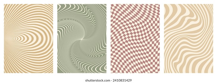 Twisted and distorted vector groovy hippie background. Waves, swirl, twirl pattern. Set of backgrounds in trendy retro psychedelic style. Vector illustration