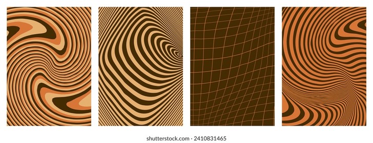 Twisted and distorted vector groovy hippie background. Waves, swirl, twirl pattern. Set of backgrounds in trendy retro psychedelic style. Vector illustration