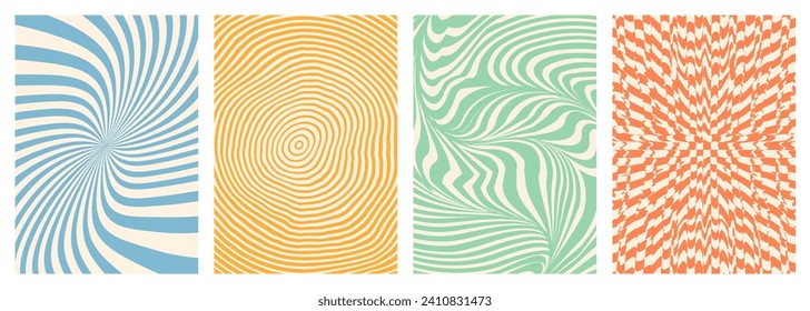 Twisted and distorted vector groovy hippie background. Waves, swirl, twirl pattern. Set of backgrounds in trendy retro psychedelic style. Vector illustration