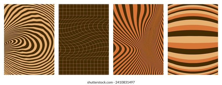 Twisted and distorted vector groovy hippie background. Waves, swirl, twirl pattern. Set of backgrounds in trendy retro psychedelic style. Vector illustration