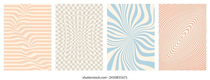 Twisted and distorted vector groovy hippie background. Waves, swirl, twirl pattern. Set of backgrounds in trendy retro psychedelic style. Vector illustration