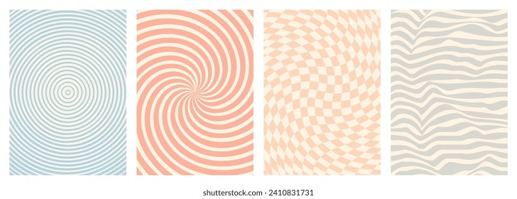 Twisted and distorted vector groovy hippie background. Waves, swirl, twirl pattern. Set of backgrounds in trendy retro psychedelic style. Vector illustration