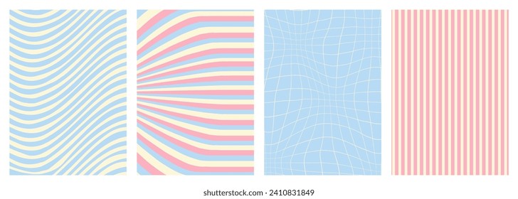 Twisted and distorted vector groovy hippie background. Waves, swirl, twirl pattern. Set of backgrounds in trendy retro psychedelic style. Vector illustration