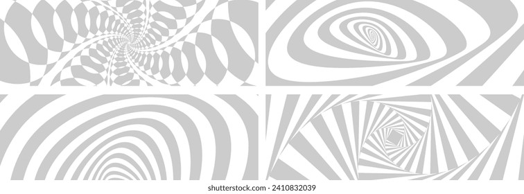 Twisted and distorted vector groovy hippie background set. Waves, swirl, twirl pattern. Retro backgrounds in psychedelic style. Vector illustration