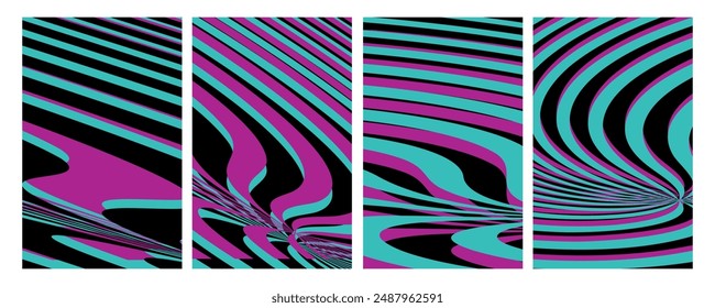 Twisted and distorted vector groovy hippie background. Waves, swirl, twirl pattern. Set of backgrounds in trendy retro psychedelic style. Vector illustration,web,postcard,banner,birthday background
