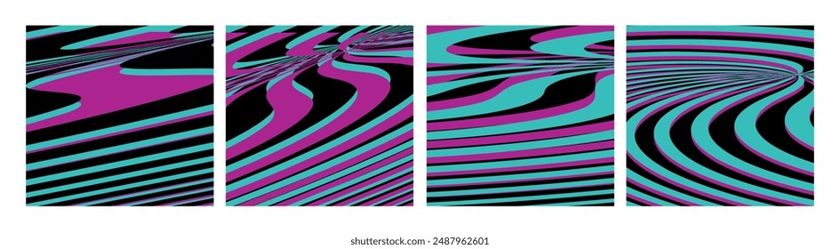 Twisted and distorted vector groovy hippie background. Waves, swirl, twirl pattern. Set of backgrounds in trendy retro psychedelic style. Vector illustration,web,postcard,banner,birthday background