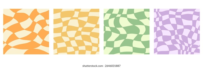 Twisted distorted wavy checkered pattern set, retro 70s groovy banner backgrounds collection, vector illustration. Geometric wallpaper backdrop. Hippie style abstract website page template