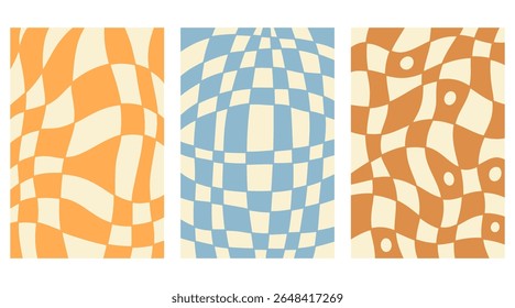 Twisted distorted wavy checkered pattern set, retro 70s groovy banner backgrounds collection, vector illustration. Geometric wallpaper backdrop. Hippie style abstract website page template