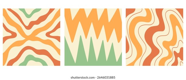 Twisted distorted wavy pattern set, retro 70s groovy banner backgrounds collection, vector illustration. Geometric wallpaper backdrop. Hippie style abstract website page template