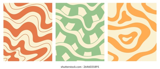 Twisted distorted wavy pattern set, retro 70s groovy banner backgrounds collection, vector illustration. Geometric wallpaper backdrop. Hippie style abstract website page template