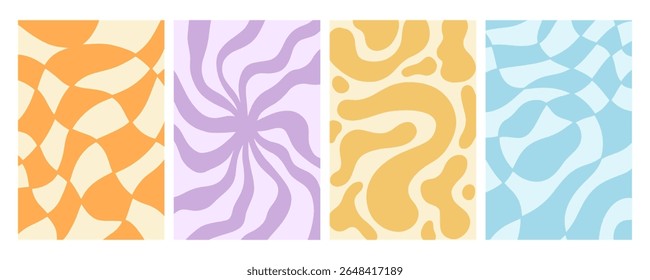 Twisted distorted wavy pattern set, retro 70s groovy banner backgrounds collection, vector illustration. Geometric wallpaper backdrop. Hippie style abstract website page template