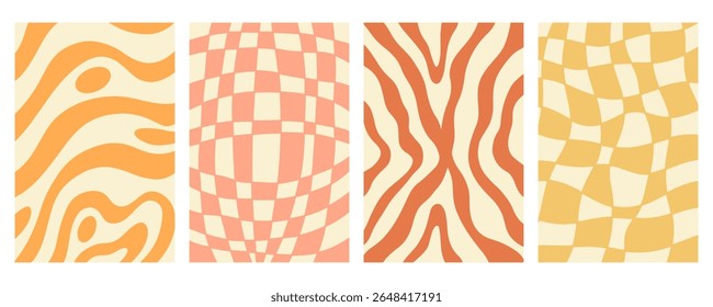 Twisted distorted wavy pattern set, retro 70s groovy banner backgrounds collection, vector illustration. Geometric wallpaper backdrop. Hippie style abstract website page template