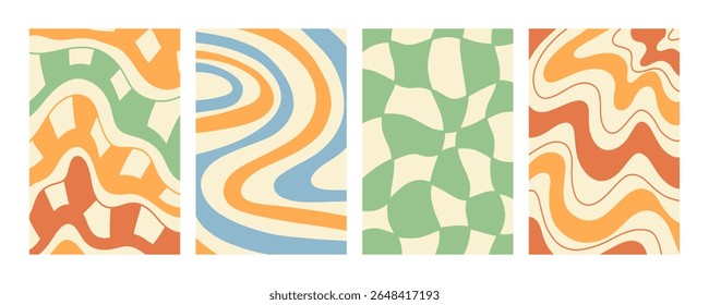 Twisted distorted wavy pattern set, retro 70s groovy banner backgrounds collection, vector illustration. Geometric wallpaper backdrop. Hippie style abstract website page template