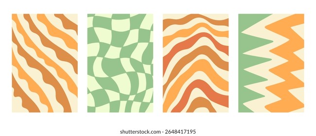 Twisted distorted wavy pattern set, retro 70s groovy banner backgrounds collection, vector illustration. Geometric wallpaper backdrop. Hippie style abstract website page template