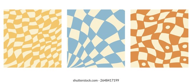 Twisted distorted wavy pattern set, retro 70s groovy banner backgrounds collection, vector illustration. Geometric wallpaper backdrop. Hippie style abstract website page template