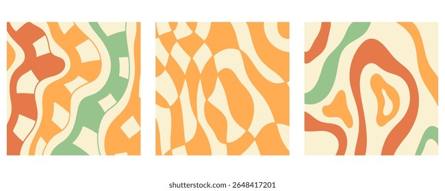 Twisted distorted wavy pattern set, retro 70s groovy banner backgrounds collection, vector illustration. Geometric wallpaper backdrop. Hippie style abstract website page template