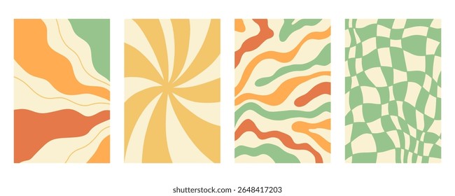Twisted distorted wavy pattern set, retro 70s groovy banner backgrounds collection, vector illustration. Geometric wallpaper backdrop. Hippie style abstract website page template