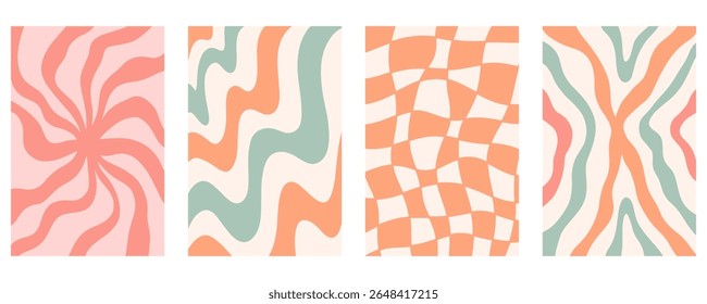 Twisted distorted wavy pattern set, retro 70s groovy banner backgrounds collection, vector illustration. Geometric wallpaper backdrop. Hippie style abstract website page template